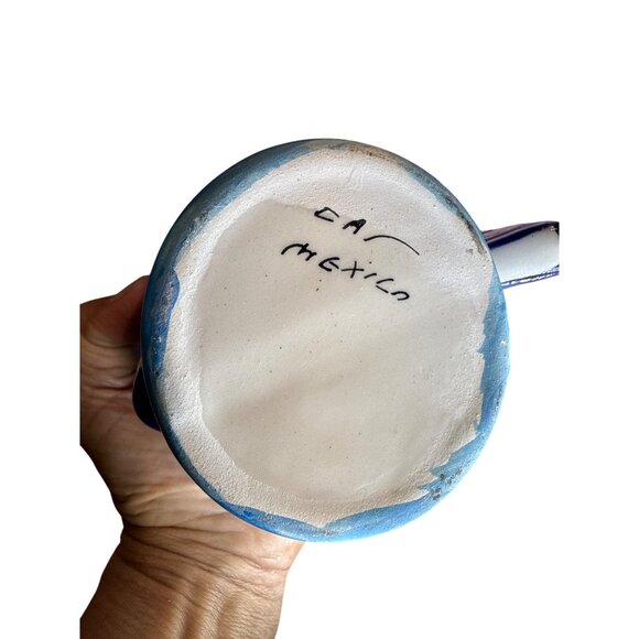 Hand-Painted Mexican Ceramic Fish Mug Set Blue & Yellow Artisan-Made Unique Tail - Picture 4 of 8